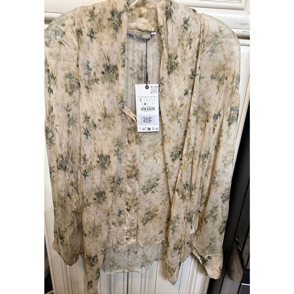 Zara Women's Sheer Floral Long Sleeve Open Front Blouse Cream Tan Size Small NWT